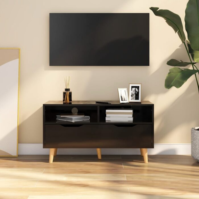 Meuble TV noir brillant 90x40x48,5 cm bois d'ingénierie – Image 1