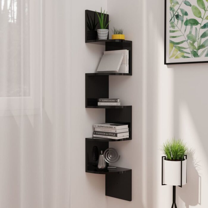 Étagère d'angle murale noir brillant 19x19x123 cm – Image 1