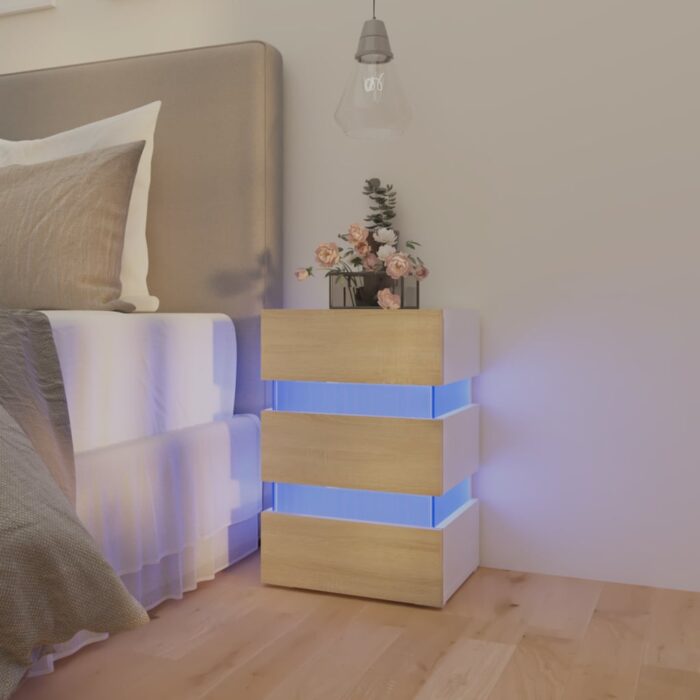 Table de chevet à LED Blanc et chêne sonoma 45x35x67 cm – Image 1