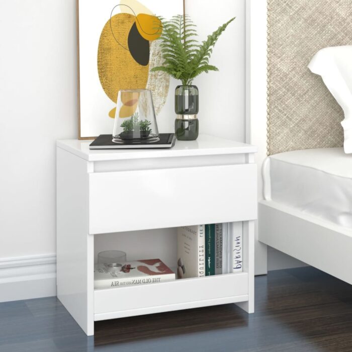 Table de chevet blanc brillant 40x30x39 cm bois d’ingénierie – Image 1