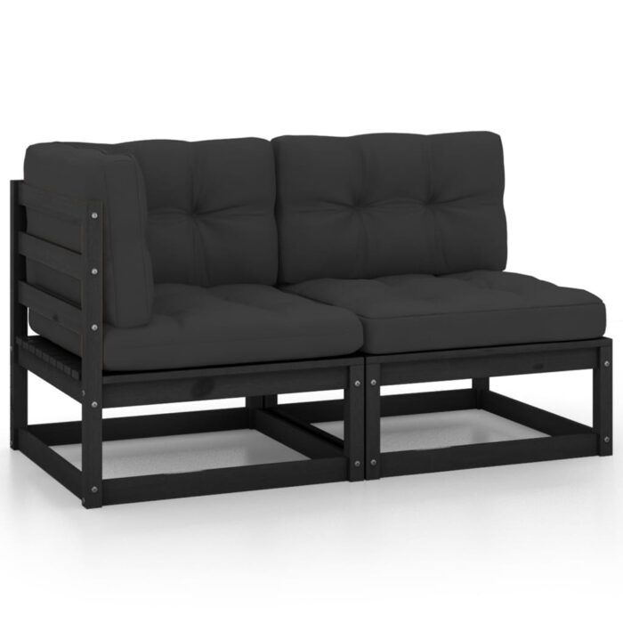 Salon de jardin 2 pcs avec coussins Noir Bois de pin massif – Image 1