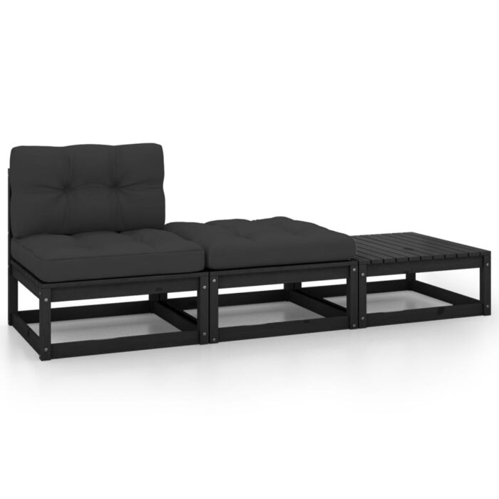 Salon de jardin 3 pcs avec coussins Noir Bois de pin massif – Image 1