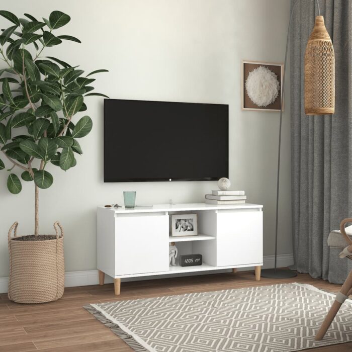Meuble TV avec pieds en bois massif Blanc 103,5x35x50 cm – Image 1
