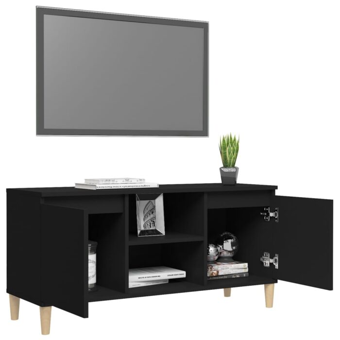 Meuble TV avec pieds en bois massif Noir 103,5x35x50 cm – Image 2