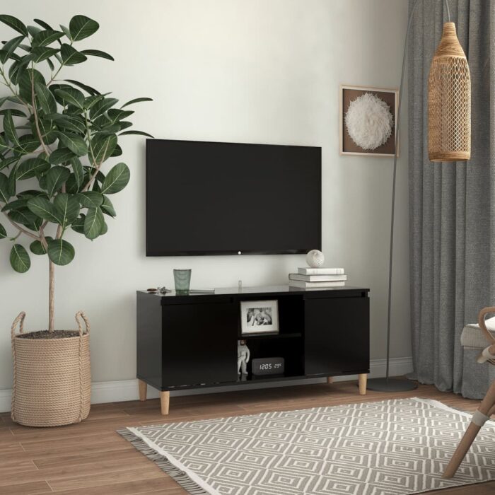 Meuble TV avec pieds en bois massif Noir 103,5x35x50 cm – Image 1