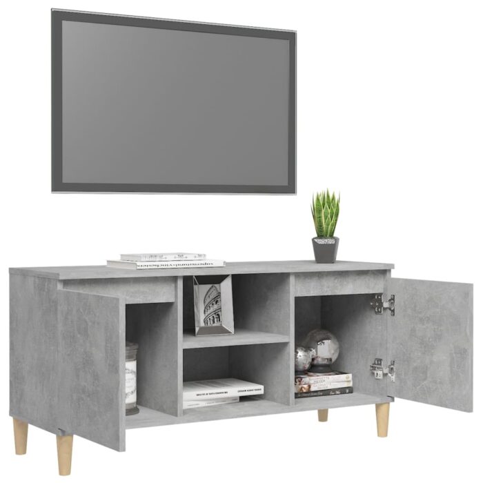 Meuble TV avec pieds en bois massif Gris béton 103,5x35x50 cm – Image 2