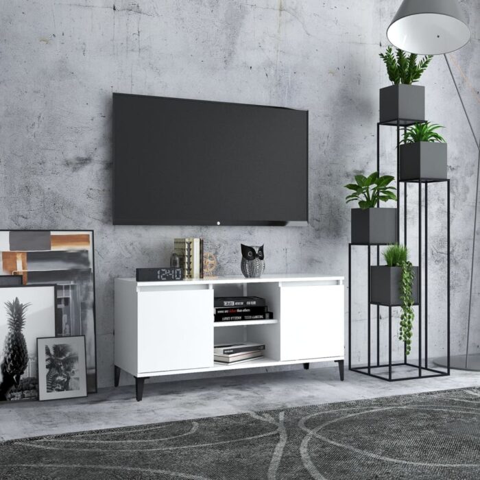 VXL8720286357774_m_en_hd_1.jpg Meuble TV avec pieds en métal Blanc 103,5x35x50 cm – Image 1
