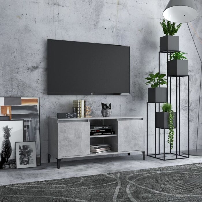 Meuble TV avec pieds en métal Gris béton 103,5x35x50 cm – Image 1