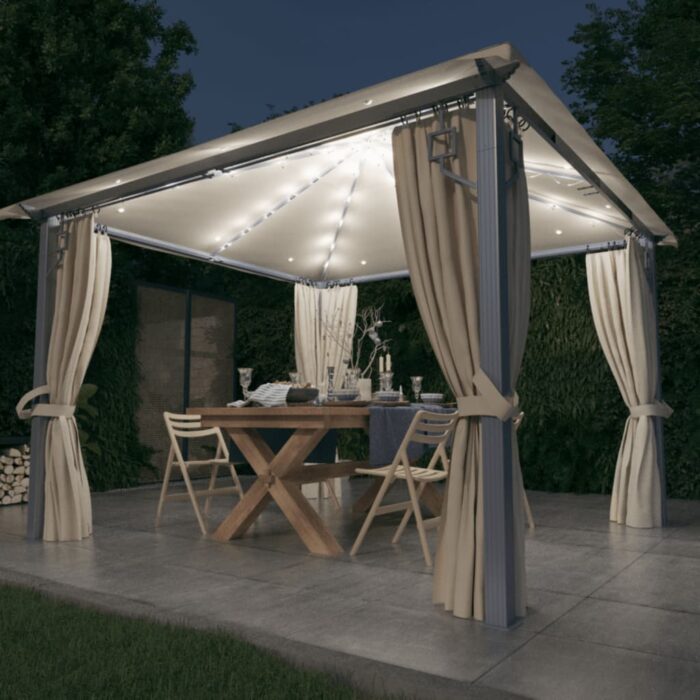 Tonnelle avec rideau et lumières LED 3x3 m Crème Aluminium – Image 1