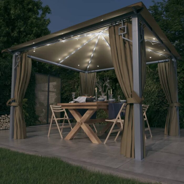 Tonnelle avec rideau et lumières LED 3x3 m Taupe Aluminium – Image 1