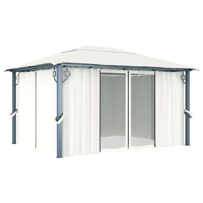 Tonnelle avec rideau et lumières LED 4x3 m Crème Aluminium – Image 2