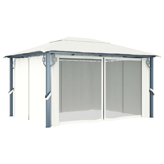 Tonnelle avec rideau et lumières LED 4x3 m Crème Aluminium – Image 3