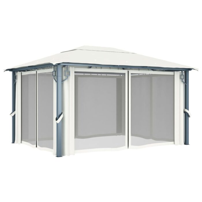 Tonnelle avec rideau et lumières LED 4x3 m Crème Aluminium – Image 4