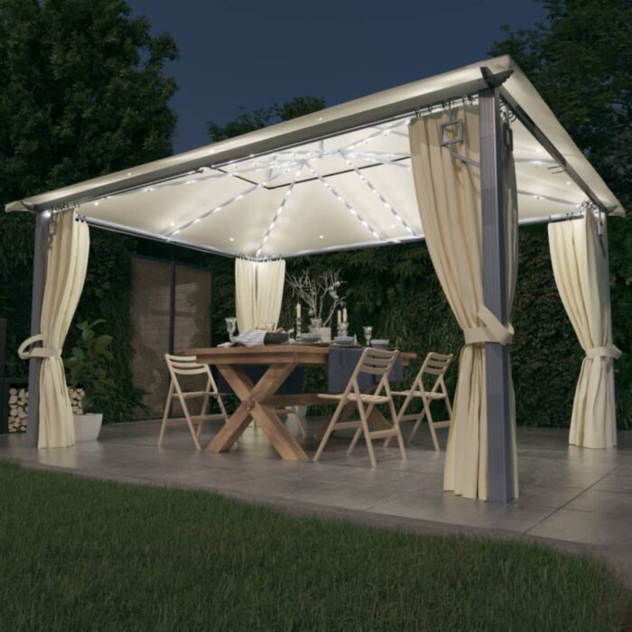 Tonnelle avec rideau et lumières LED 4x3 m Crème Aluminium – Image 1