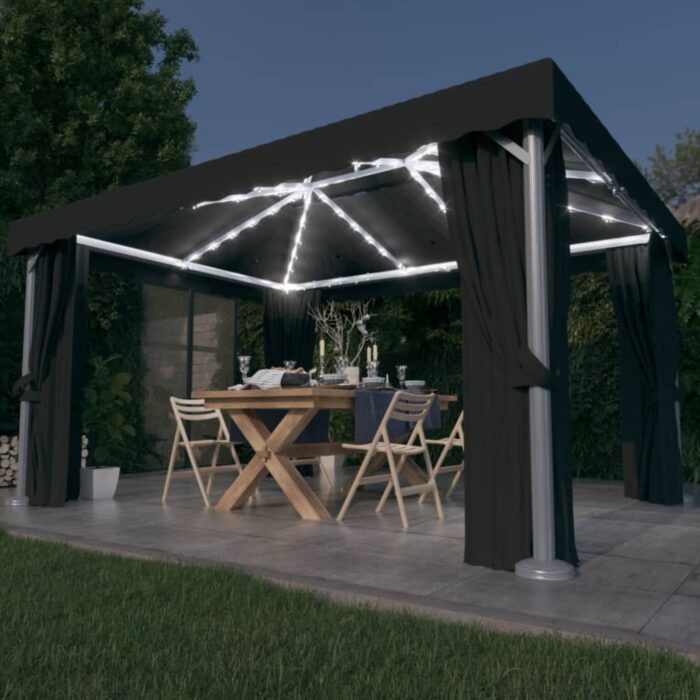 Tonnelle avec rideau et guirlande lumineuse LED 4x3m Anthracite – Image 1