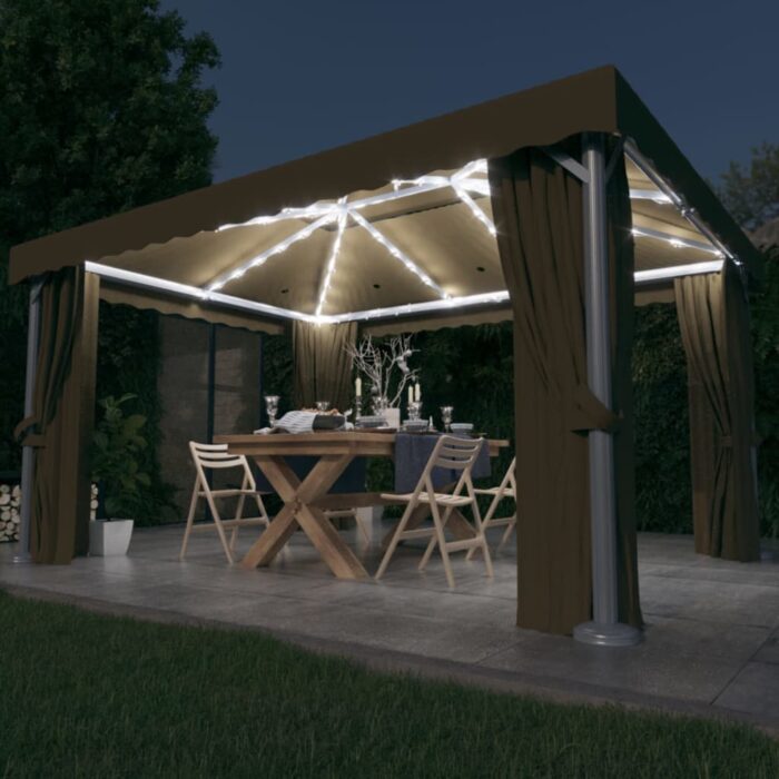 Tonnelle avec rideau et guirlande lumineuse à LED 4x3 m Taupe – Image 1