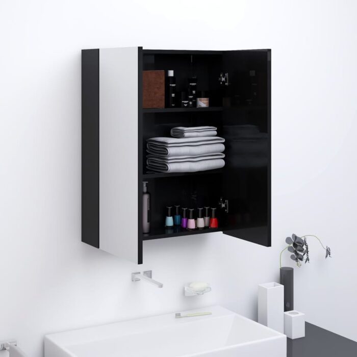 Armoire à miroir de salle de bain 60x15x75 cm MDF Noir brillant – Image 1