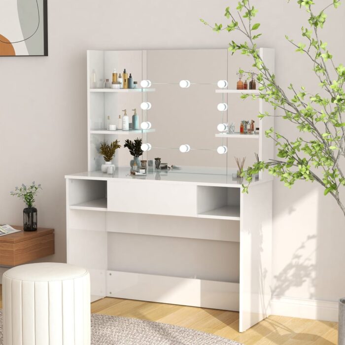 Table de maquillage avec éclairage LED MDF Blanc brillant – Image 1