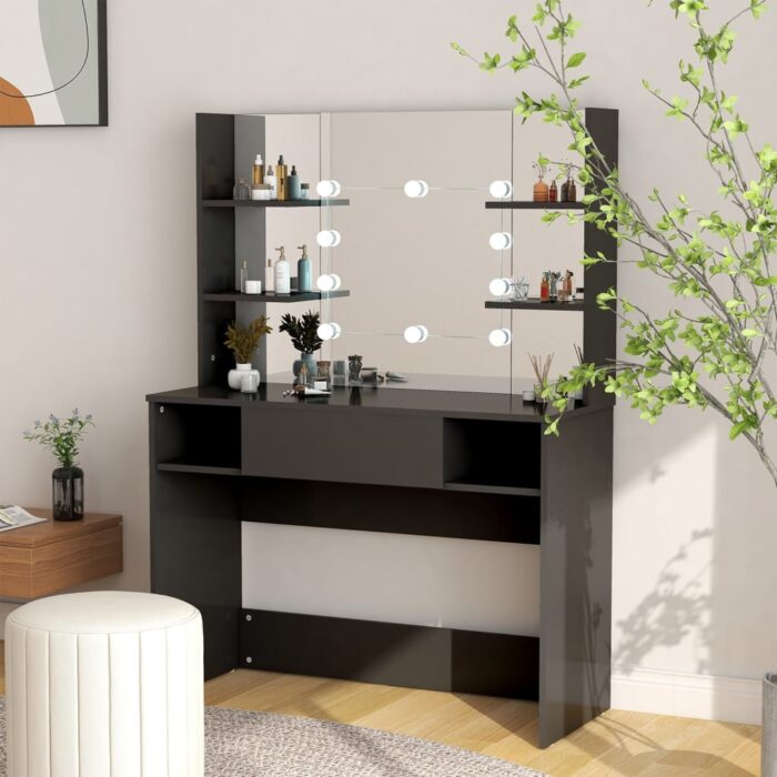 Table de maquillage avec éclairage LED 100x40x135 cm MDF Noir – Image 1