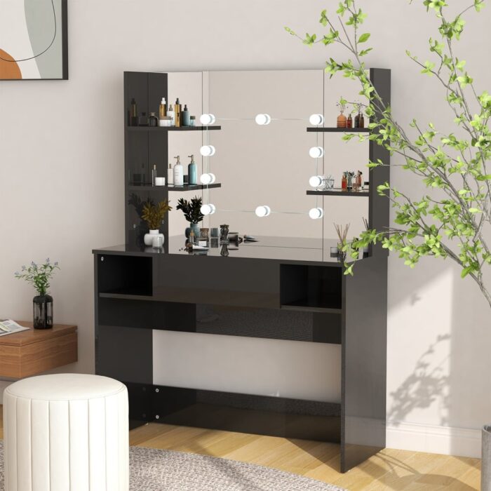 Table de maquillage avec éclairage LED MDF Noir brillant – Image 1