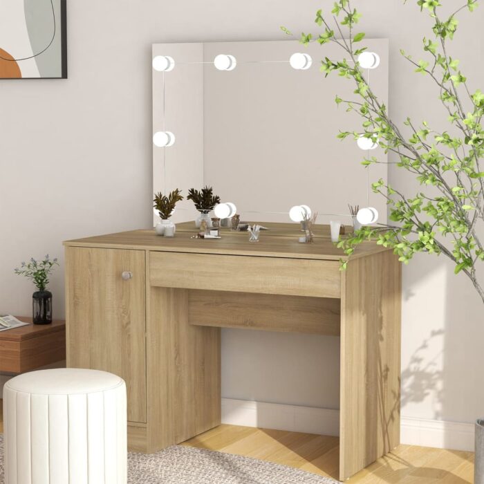 Table de maquillage avec éclairage LED 110x55x145 cm MDF Chêne – Image 1