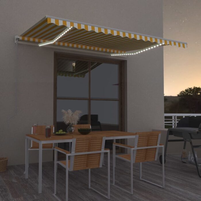 VXL8720286392478_m_en_hd_1.jpg Auvent manuel rétractable avec LED 450x300 cm Jaune et blanc – Image 1