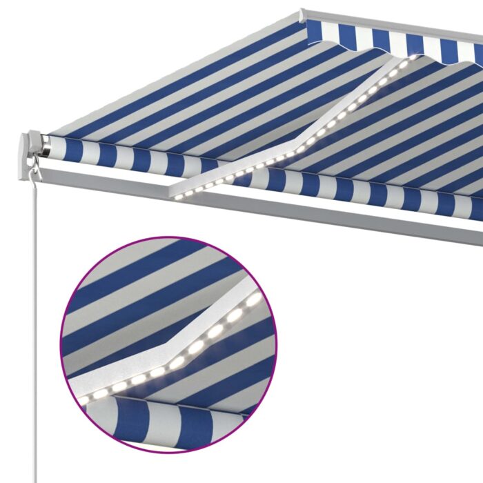 Auvent manuel rétractable avec LED 400x350 cm Bleu et blanc – Image 3