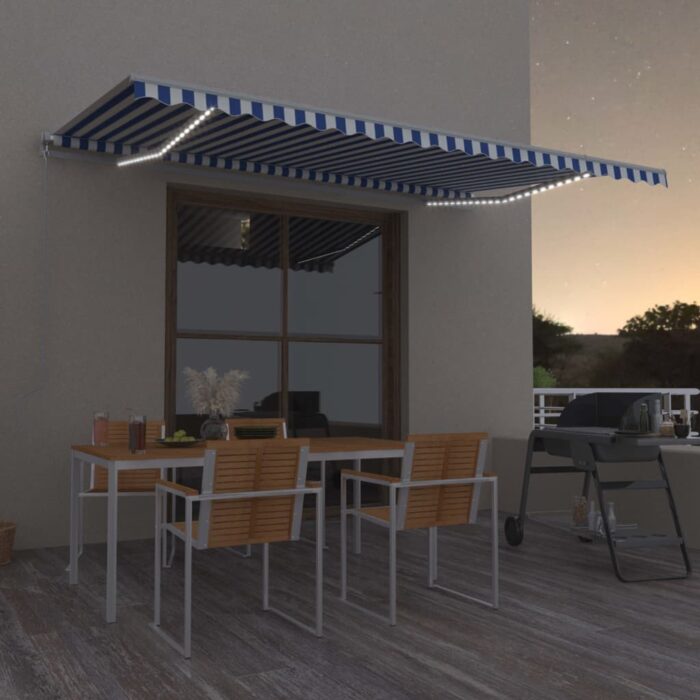 Auvent manuel rétractable avec LED 500x350 cm Bleu et blanc – Image 1
