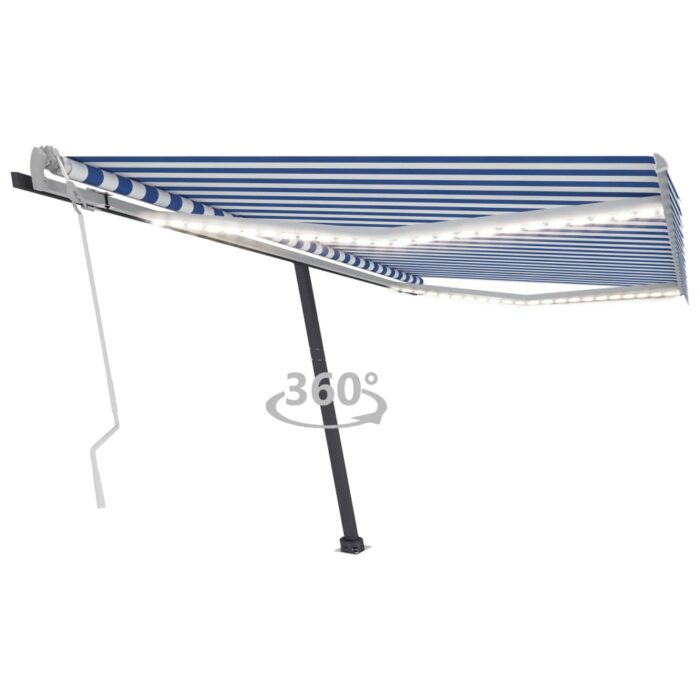 Auvent manuel rétractable avec LED 400x350 cm Bleu et blanc – Image 1