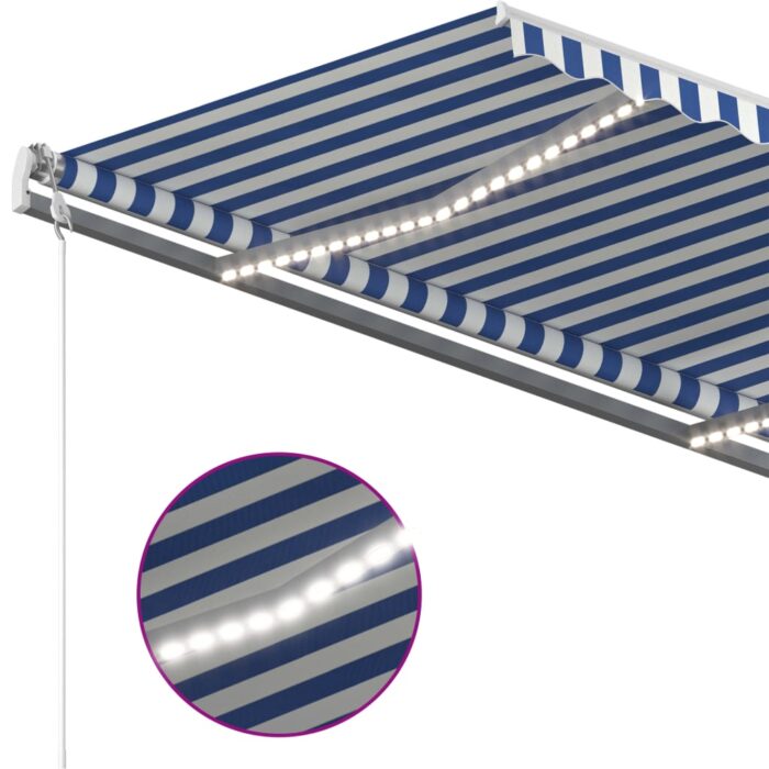 Auvent manuel rétractable avec LED 400x350 cm Bleu et blanc – Image 6