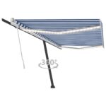 Auvent manuel rétractable avec LED 500x350 cm Bleu et blanc