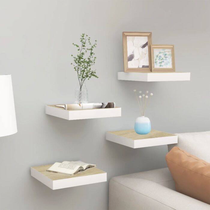 Étagères murales 4 pcs Chêne et blanc 23x23,5x3,8 cm MDF – Image 1