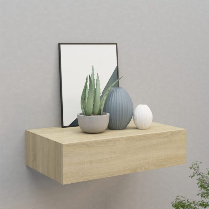 Étagère à tiroir murale chêne 40x23,5x10 cm MDF – Image 1