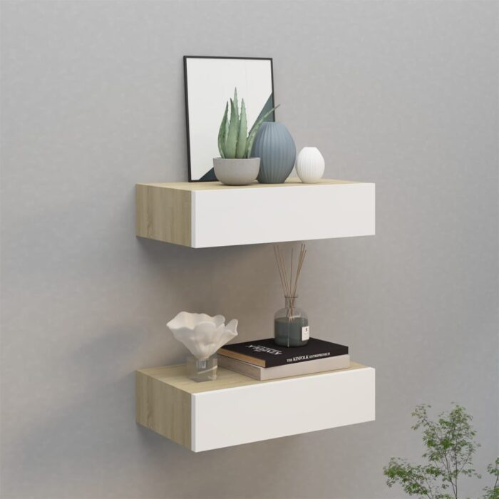 VXL8720286418758_m_en_hd_1.jpg Étagères à tiroir murales 2 pcs Chêne et blanc 40x23,5x10cm MDF – Image 1