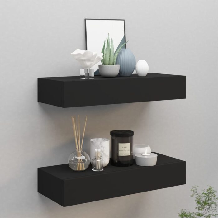 Étagères à tiroirs murales 2 pcs Noir 60x23,5x10 cm MDF – Image 1