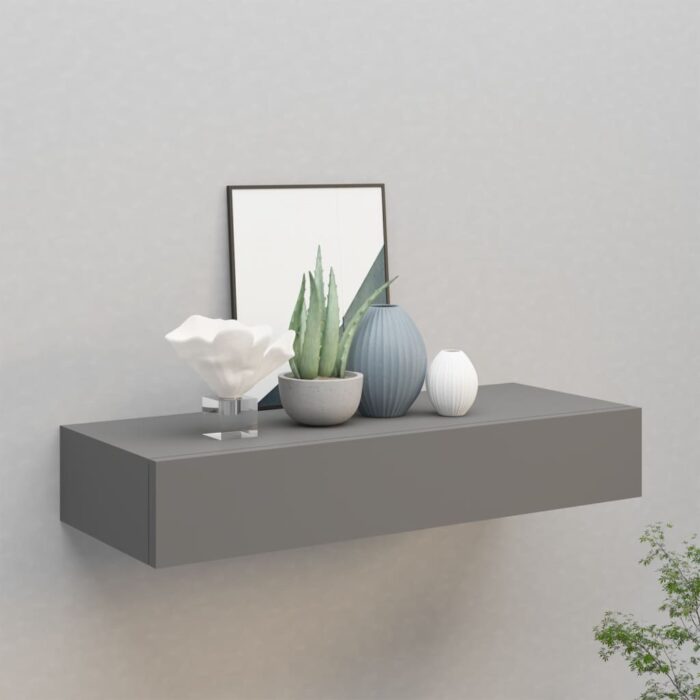 Étagère à tiroir murale Gris 60x23,5x10 cm MDF – Image 1