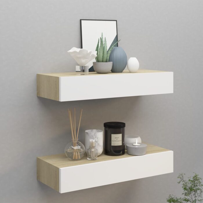 Étagères à tiroir murales 2 pcs Chêne et blanc 60x23,5x10cm MDF – Image 1