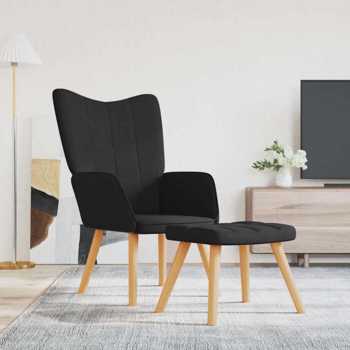 Chaise de relaxation avec tabouret Noir Tissu – Image 1