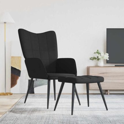 Chaise de relaxation avec tabouret Noir Tissu