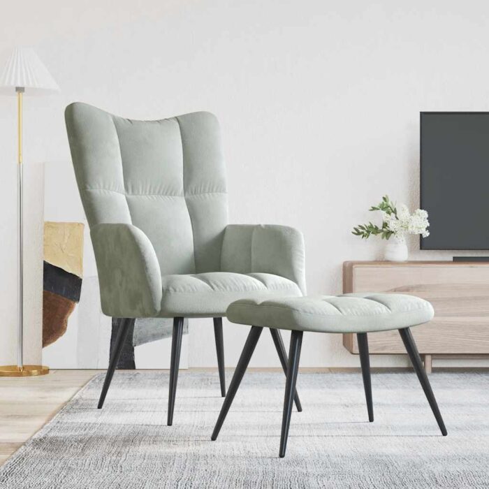Chaise de relaxation avec tabouret Gris clair Velours – Image 1