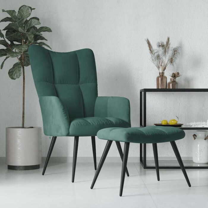 Chaise de relaxation avec tabouret Vert foncé Velours – Image 1