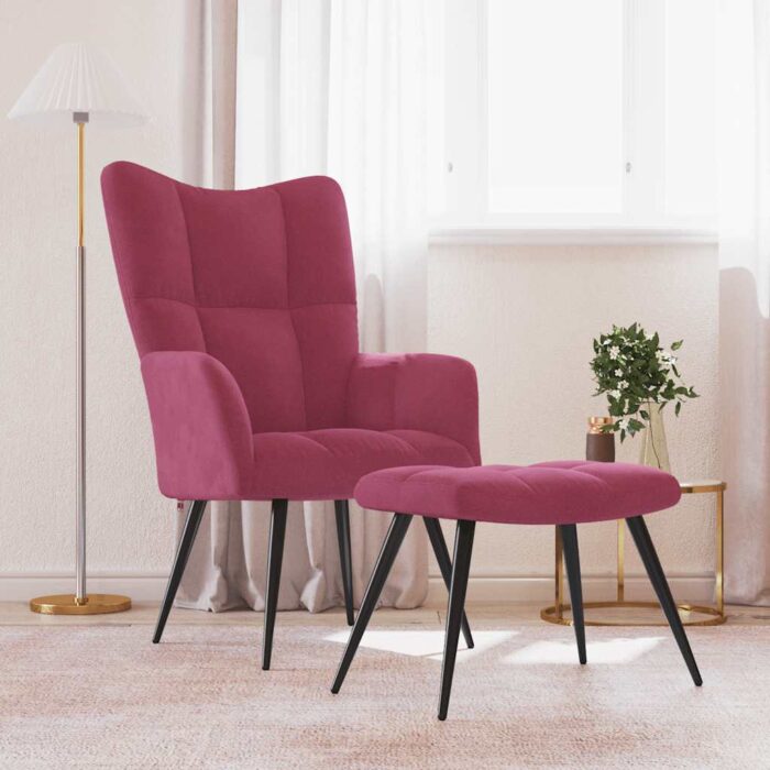 Chaise de relaxation avec tabouret Rouge bordeaux Velours – Image 1