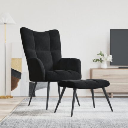 Chaise de relaxation avec tabouret Noir Velours