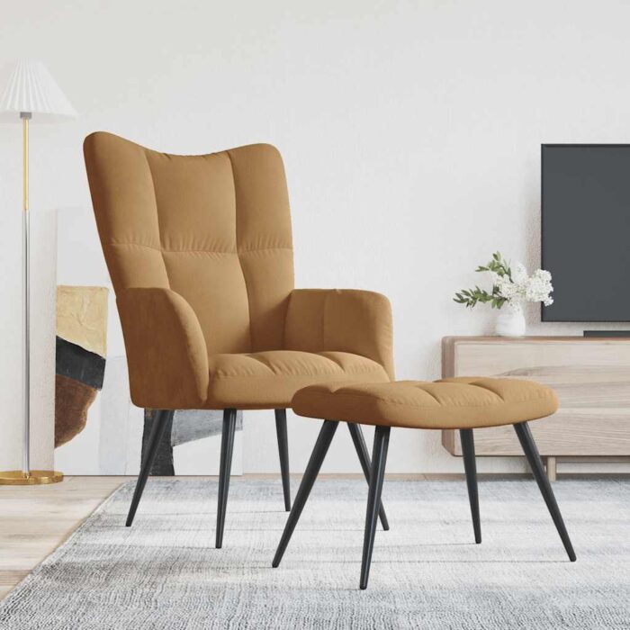 Chaise de relaxation avec tabouret Marron Velours – Image 1