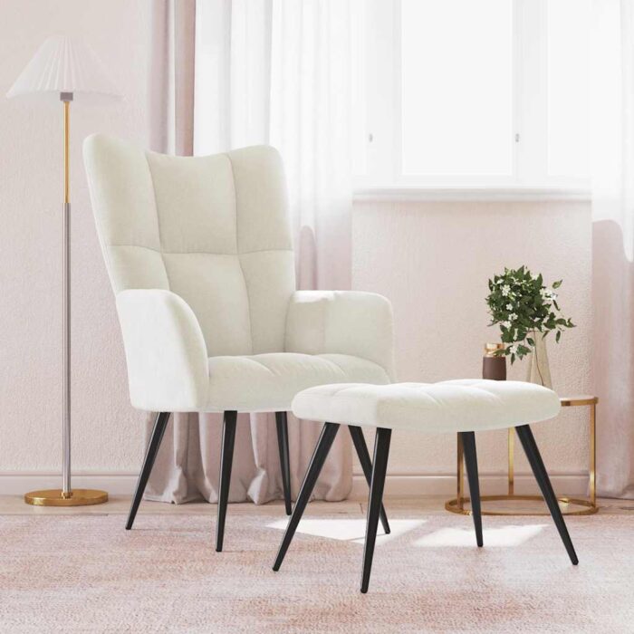VXL8720286424643_m_en_hd_1.jpg Chaise de relaxation avec tabouret Blanc crème Velours – Image 1