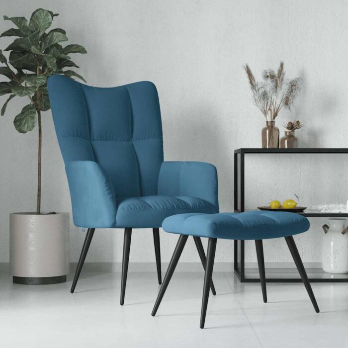 Chaise de relaxation avec tabouret Bleu Velours – Image 1