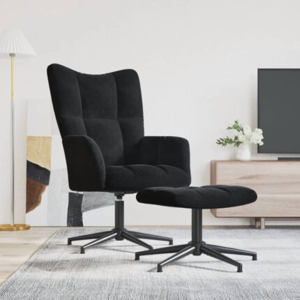 Chaise de relaxation avec tabouret Noir Velours