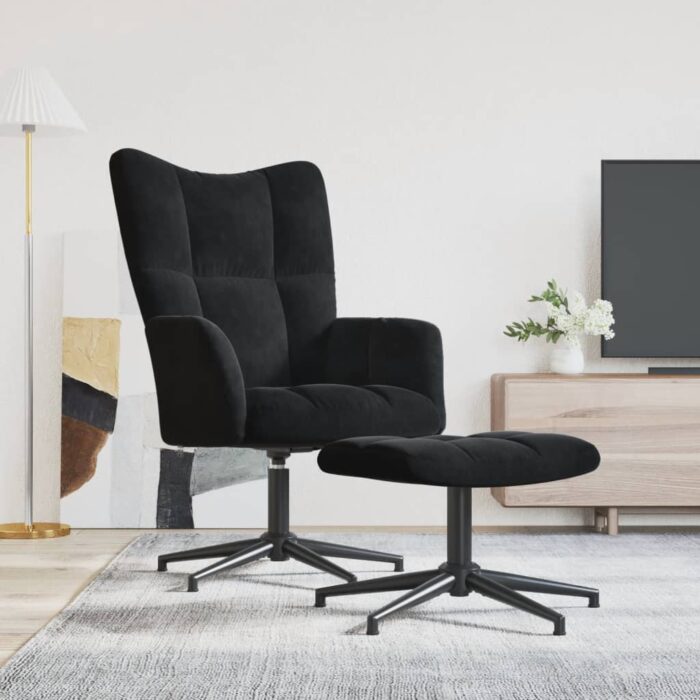 Chaise de relaxation avec tabouret Noir Velours – Image 1