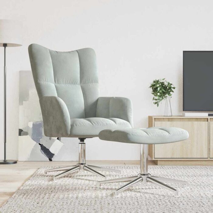 Chaise de relaxation avec tabouret Gris clair Velours – Image 1