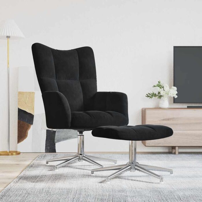 Chaise de relaxation avec tabouret Noir Velours – Image 1